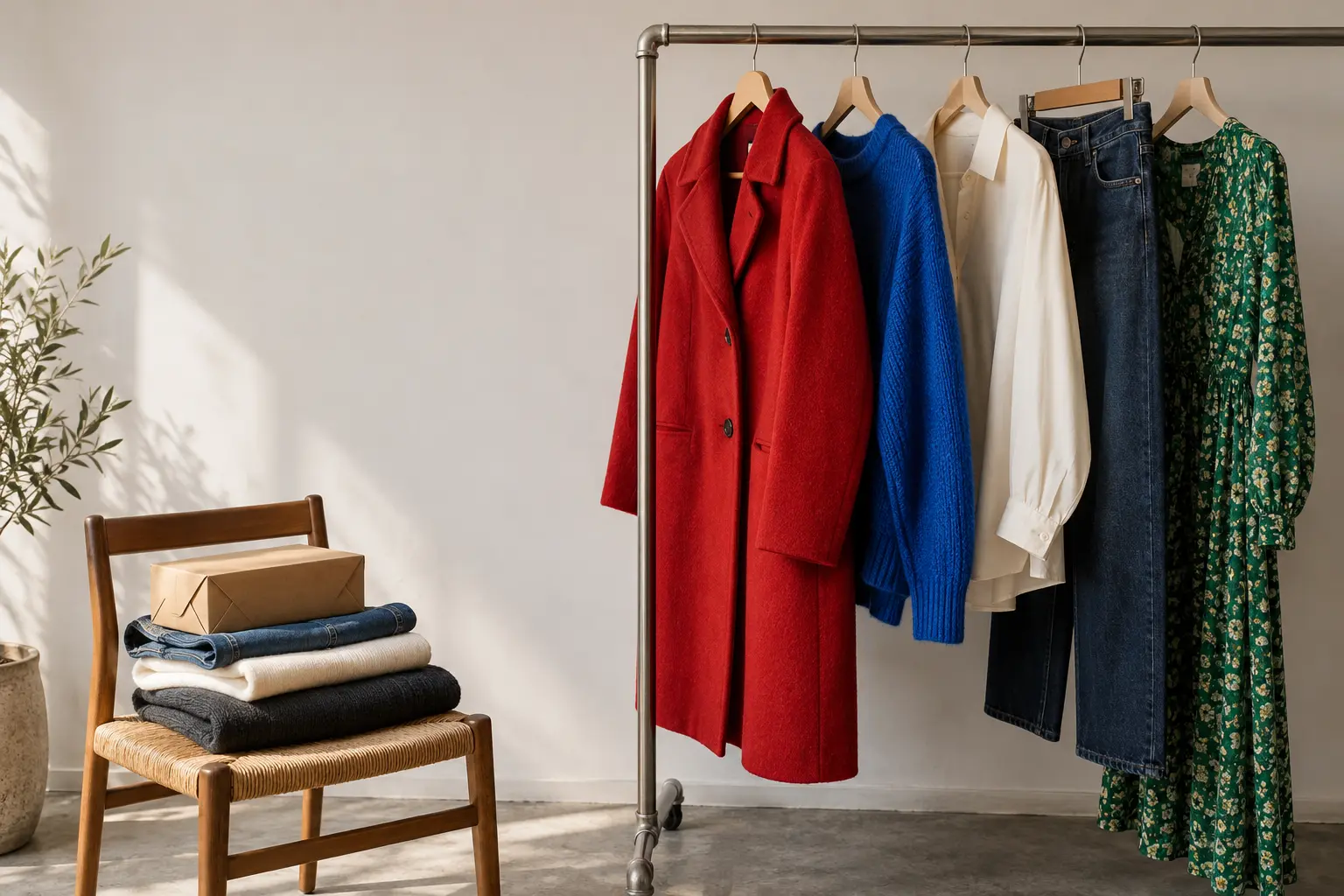 A curated rail of colourful unbranded second-hand clothing in a resale studio